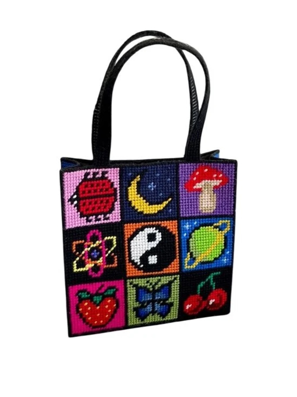 Rare UNIF Black Patchwork Pixel Art Squares Cross Stitch Bag